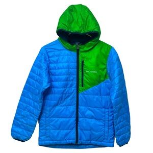 Columbia Hooded Puffer Jacket Coat Boys Youth Size 14/16 Blue and Green, flaw